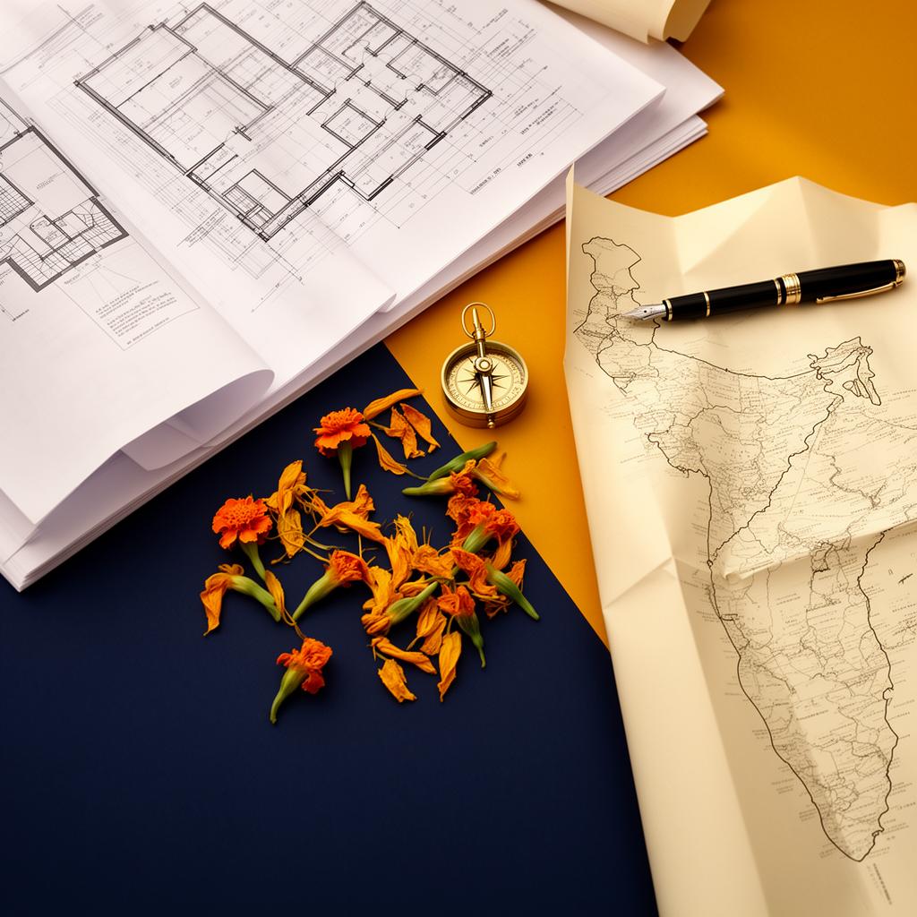 Architectural blueprints with India map